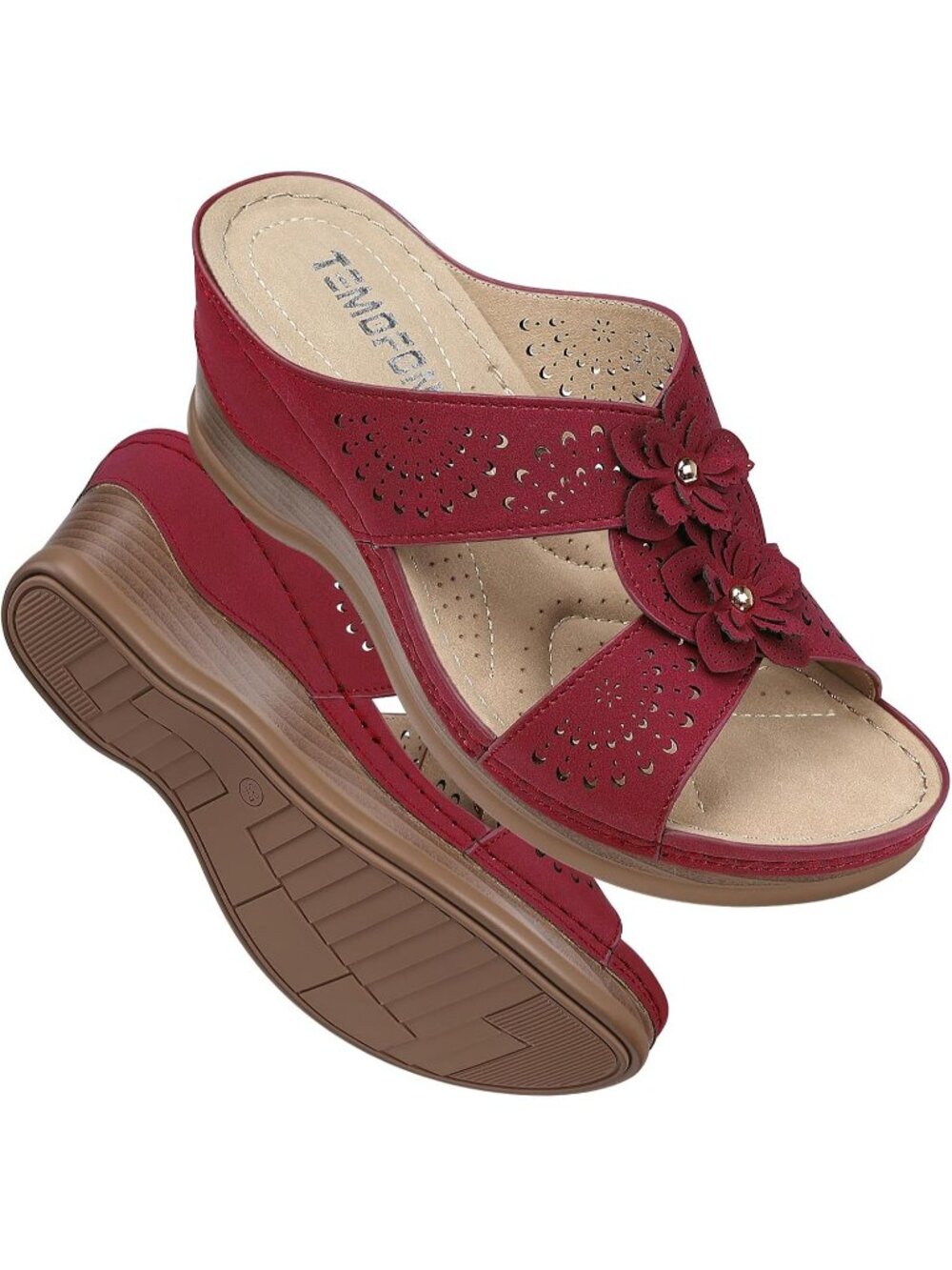 Women's Red Wedge Sandals Leather Comfortable Walking Fit Wide Foot Shoes